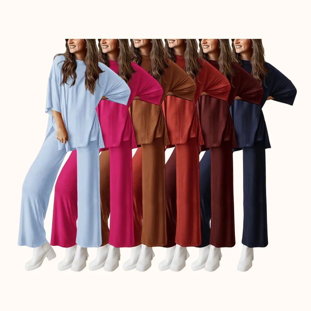 Women's 2-Piece Outfits Short Sleeve Pullover Tops Split Hem Wide Leg Pants Lounge Sets