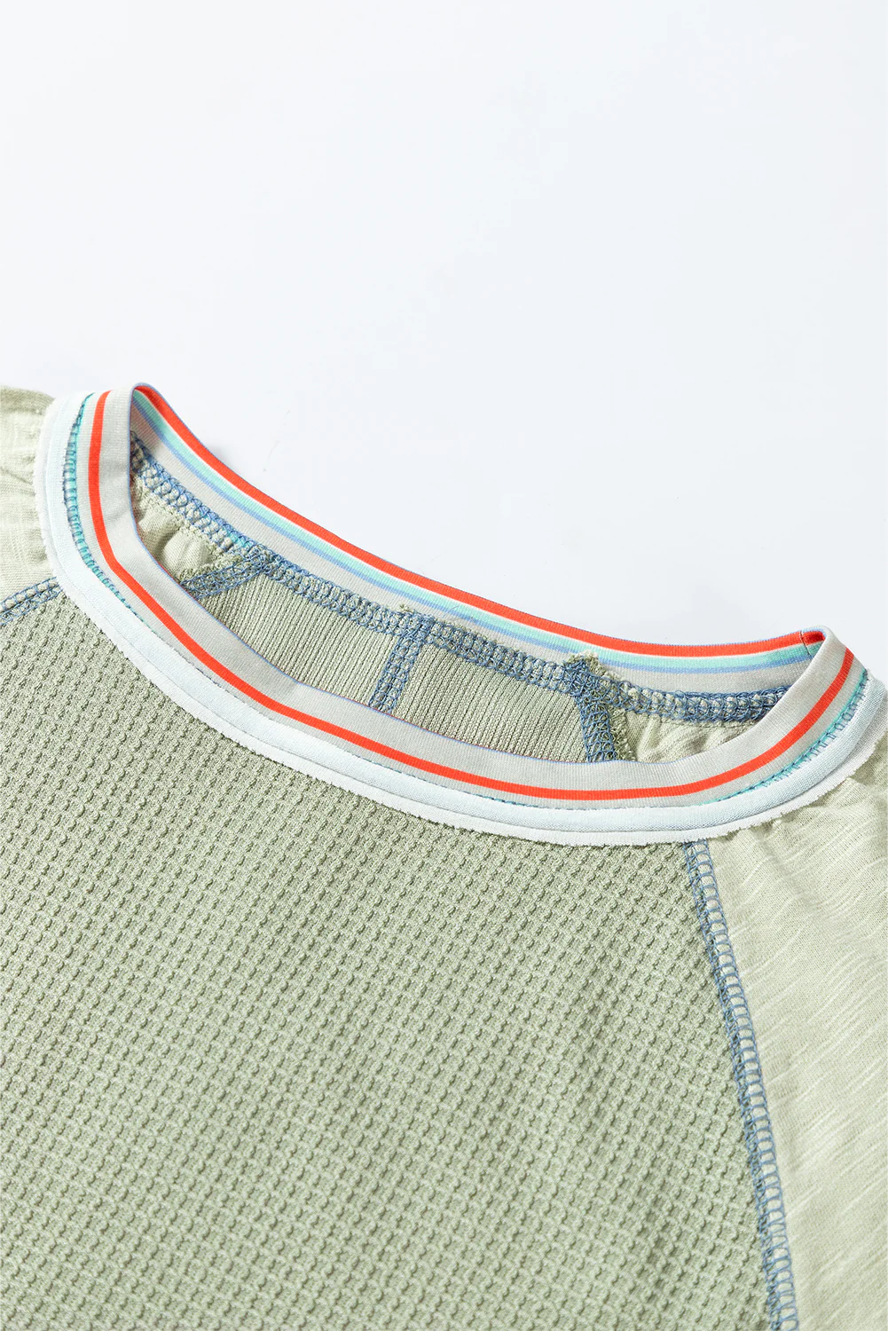 Meadow Mist Waffle Knit Wide Bracelet Sleeve Patchwork Raglan Top