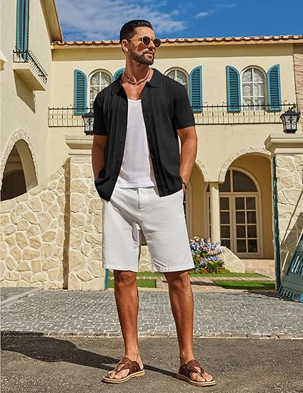 Men's Knit Button Down Shirts Short Sleeve Polo Shirt Casual Vacation Summer Beach Shirts