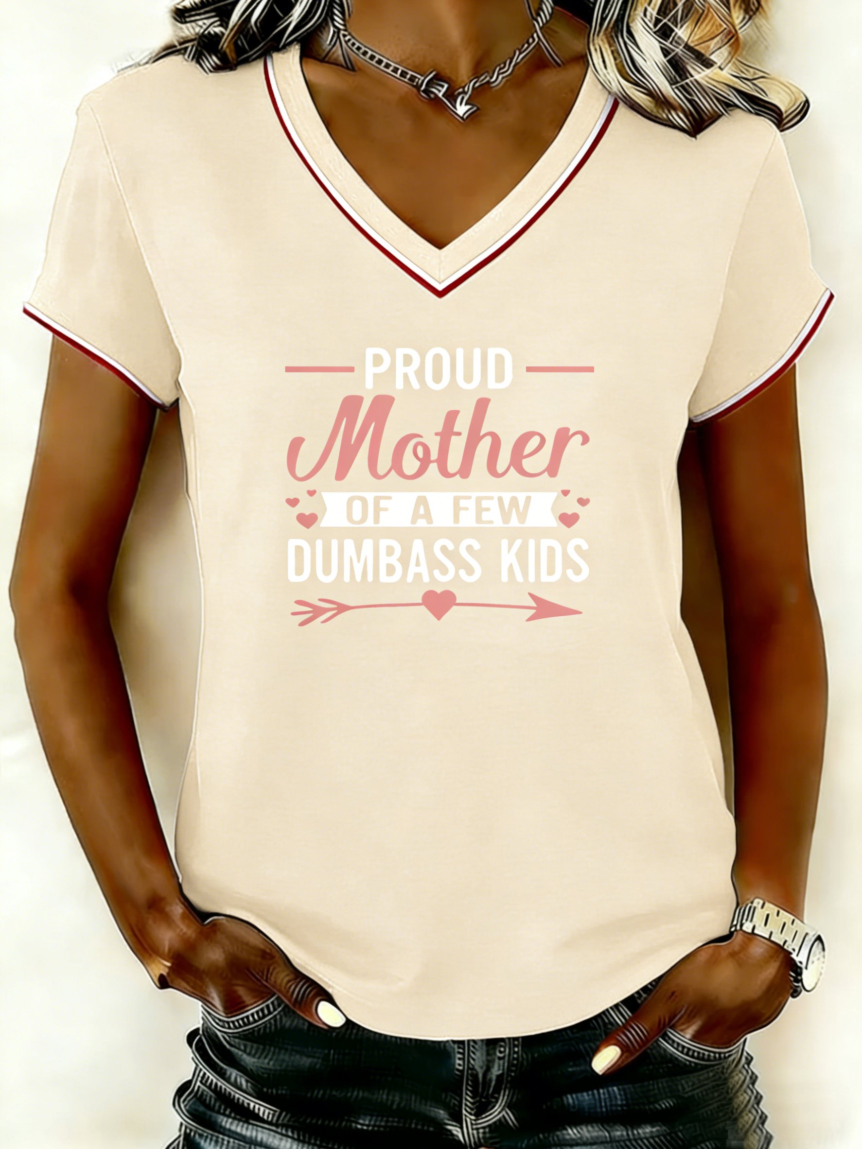 Mother's Day Letter Pattern Short Sleeve V Neck Loose  Casual T-Shirt
