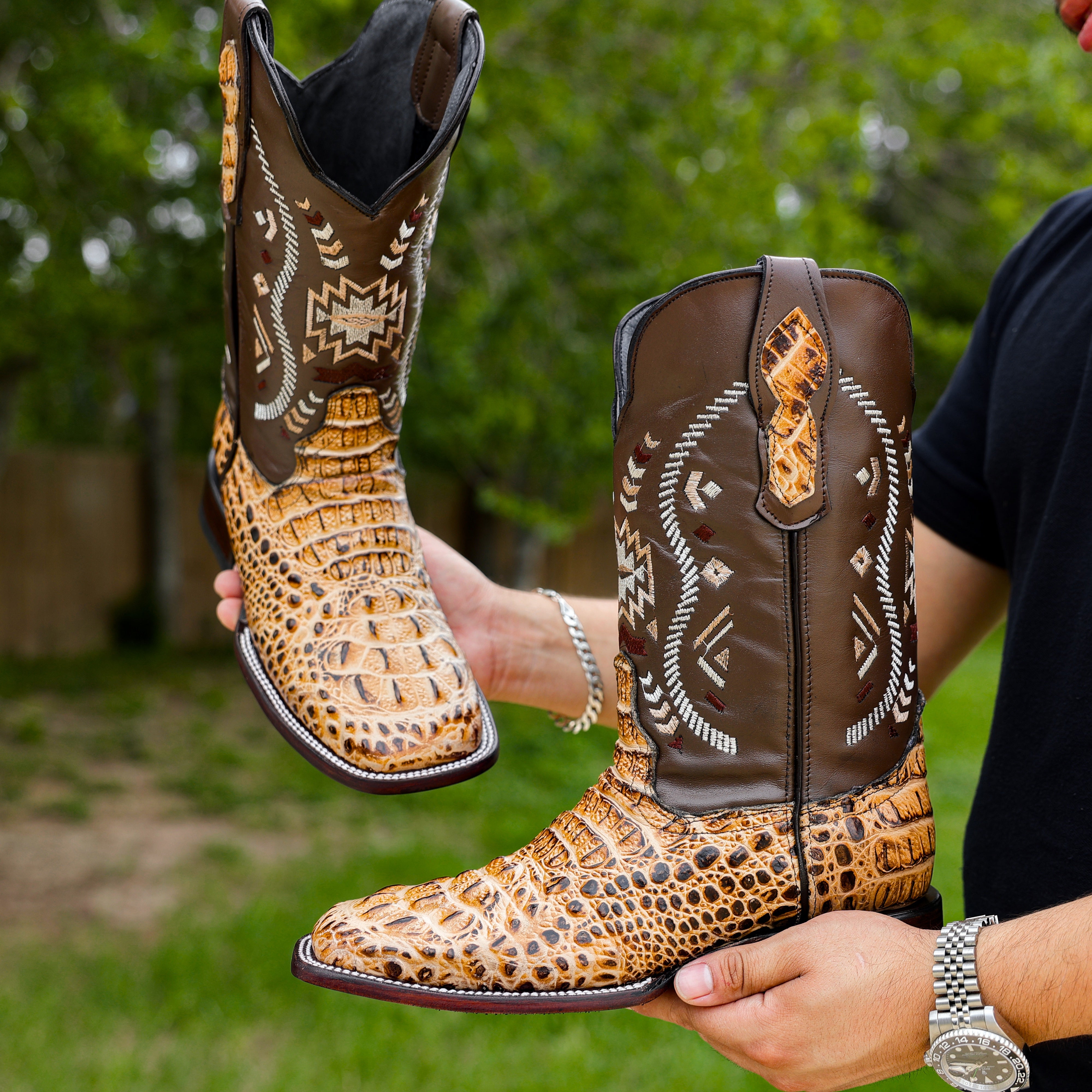 Bone Caiman Neck Leather Boots - Square Toe