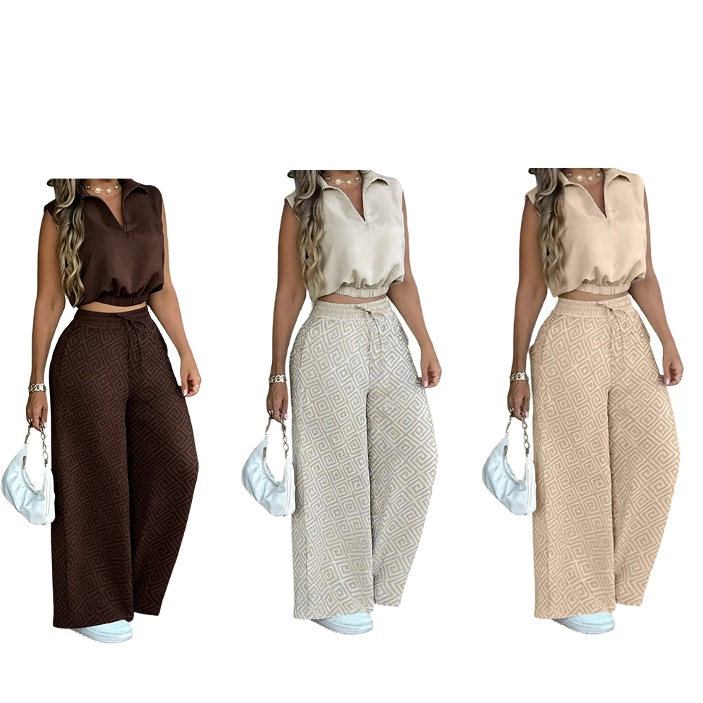 Women's Casual Commuter Set, Sleeveless Collared Waist-Defined Crop Top with High-Waisted Drawstring Wide-Leg Pants