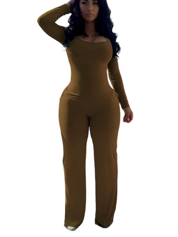 Women's Sexy Plain Long Sleeve Jumpsuit, Fall & Winter Fashion