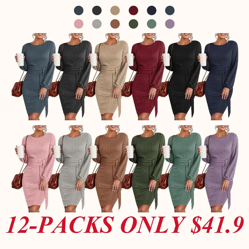 Women's Elegant Knit Dress Long Lantern Sleeve