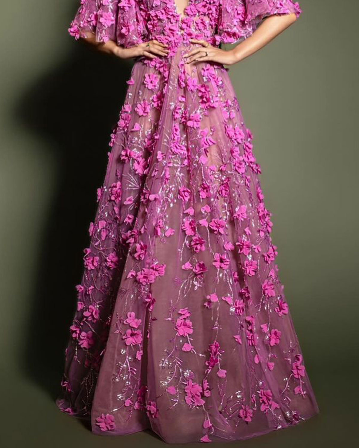 Pink V-Neck Embroidered Flower Dress