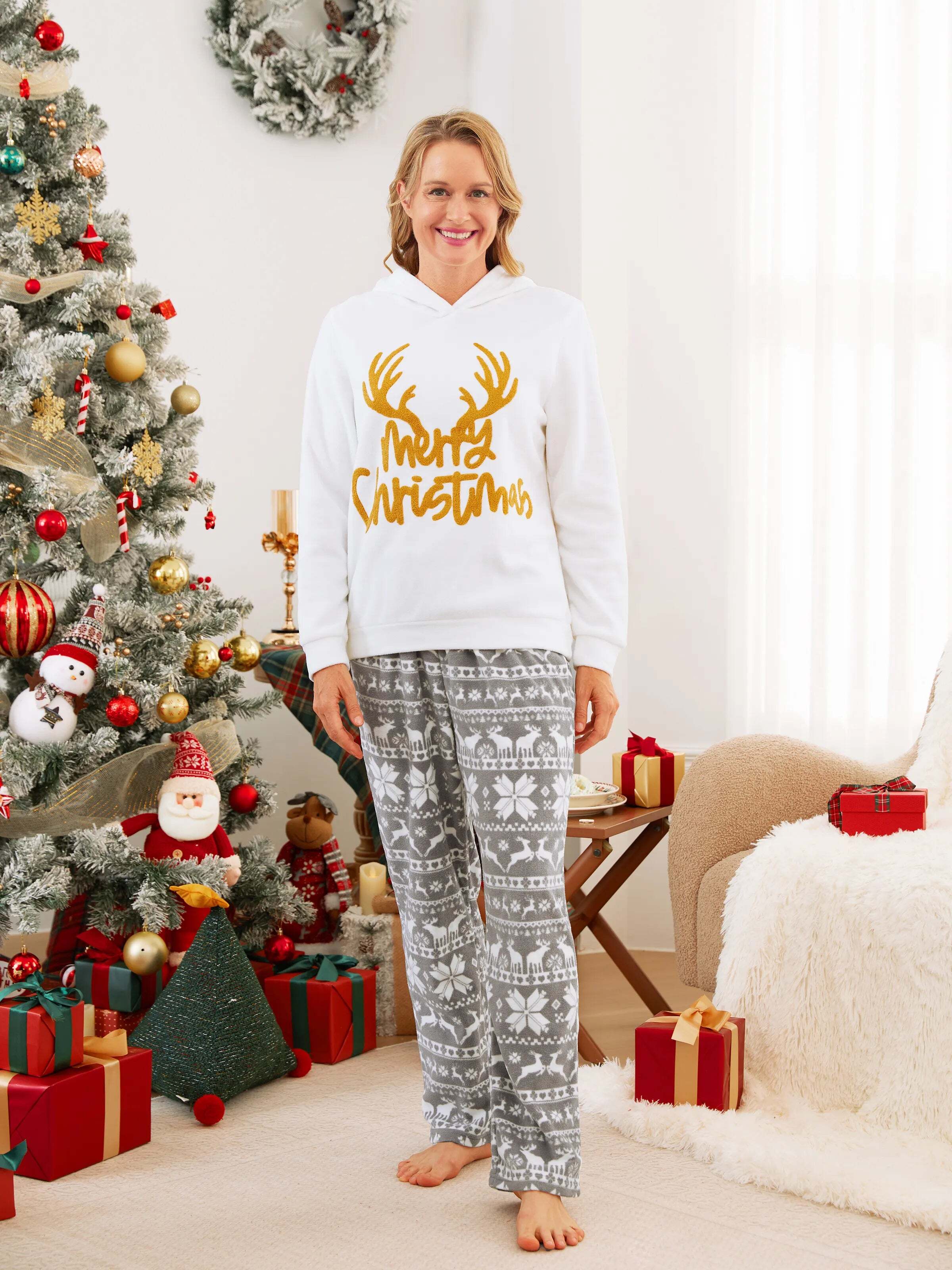 Christmas Family Matching Letters Embroidered Long-sleeve Hooded Fleece Pajamas Sets with Christmas Socks White