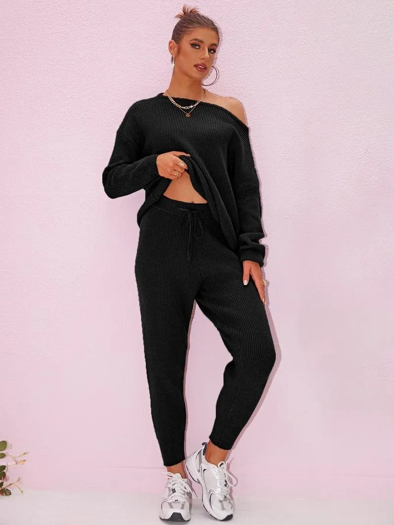 Women's 2025 Fall Winter Knit Set Oversized Sweater & Lounge Pants Matching Sets