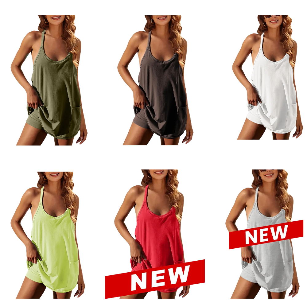 Women's Summer Sleeveless Mini Dress V Neck Spaghetti Straps Athletic Built-in Shorts Sundress
