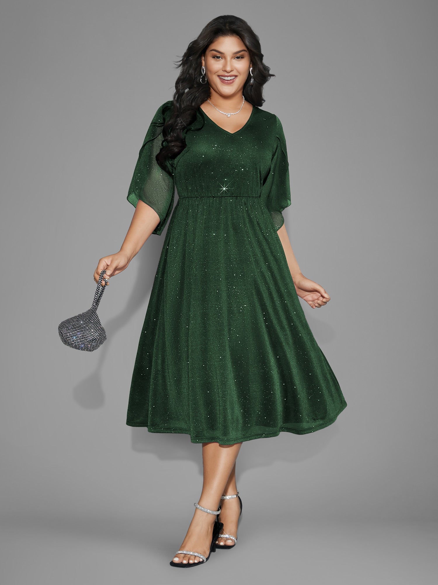 Glitter Mesh Petal Sleeve Midi Dress