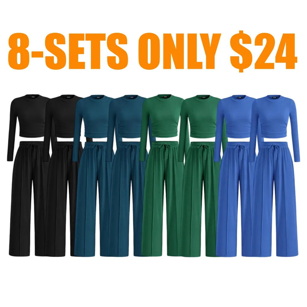 Ribbed Knit Long Sleeve Crop Top Wide Leg Pants