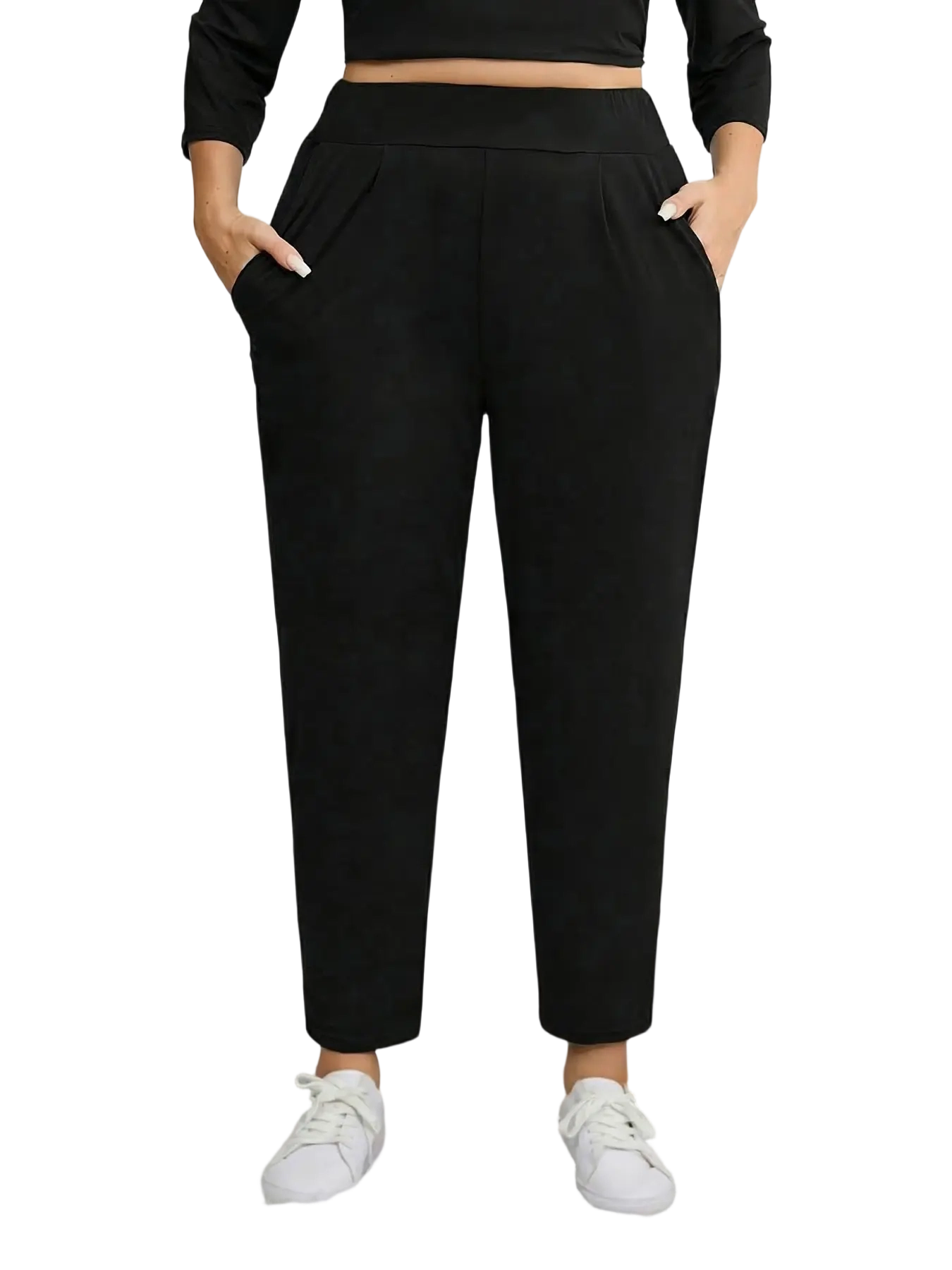 Women Plus Size Solid Plicated Pocket Elastic Waist Joggers