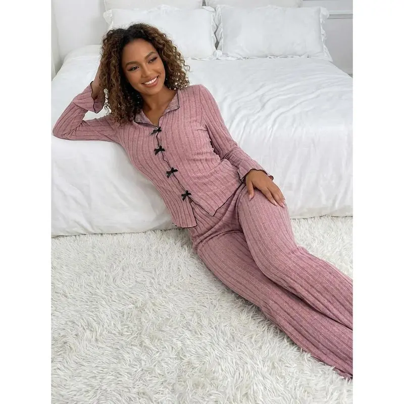 Women's Solid Lettuce Trim Top & Pants Loungewear Two-Piece Set