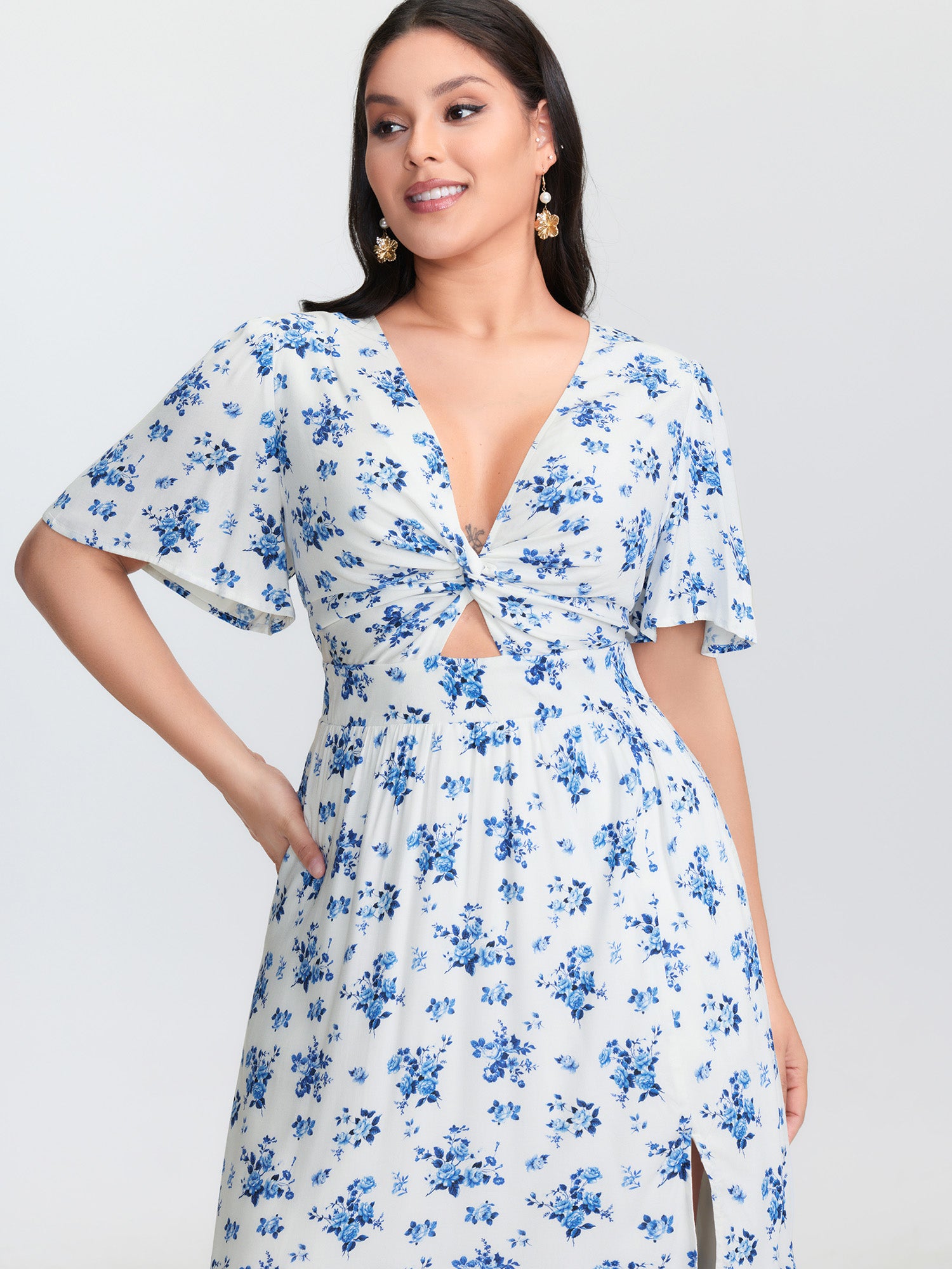 Floral Print Cut-Out Twisted Midi Dress