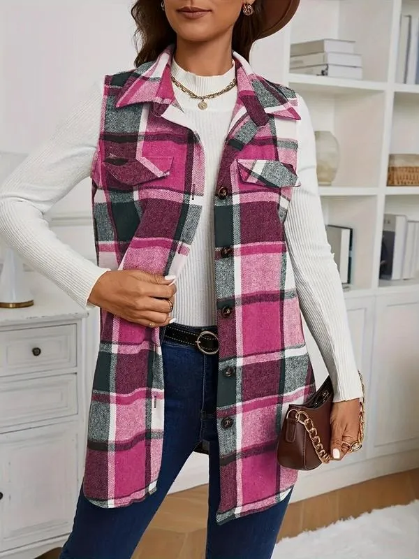 Women's Plaid Print Button Front Vest Coat