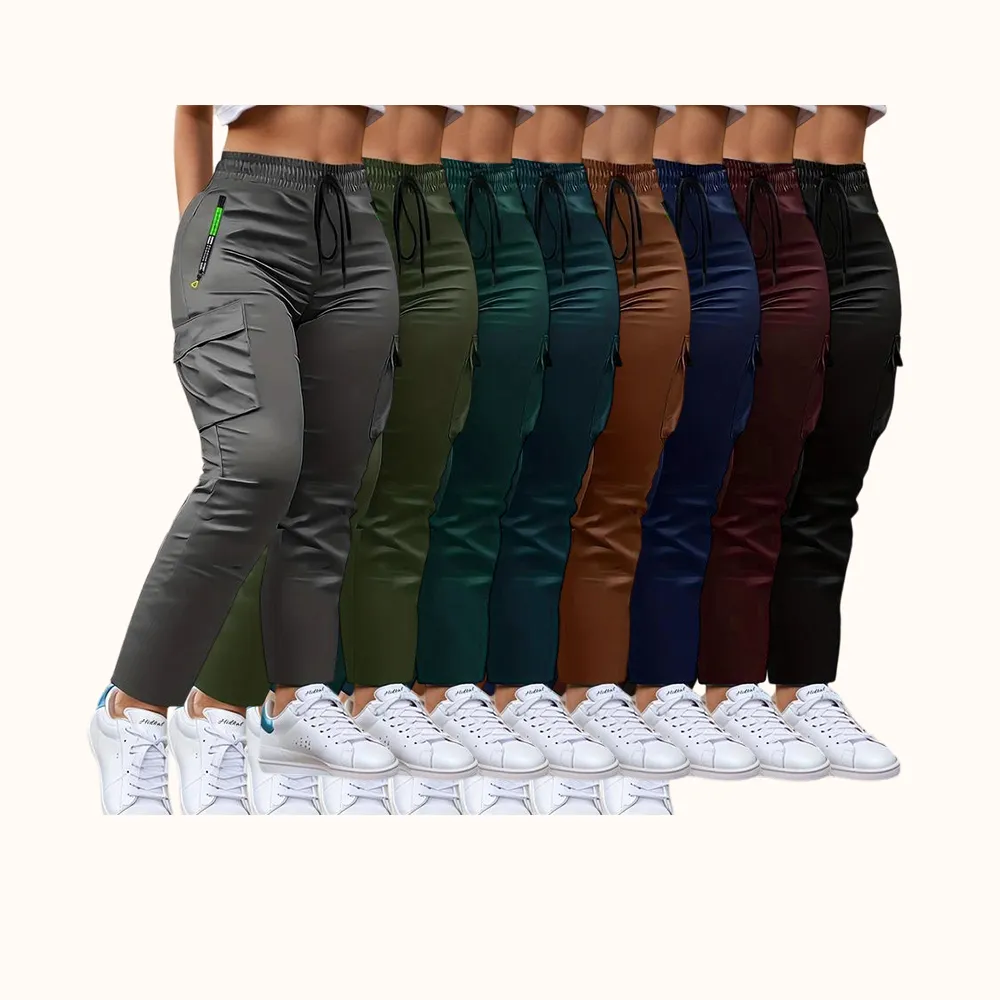 Women's Heavy-Duty Cargo Pants with Multi-Zipper Pockets & Neon Green Accents