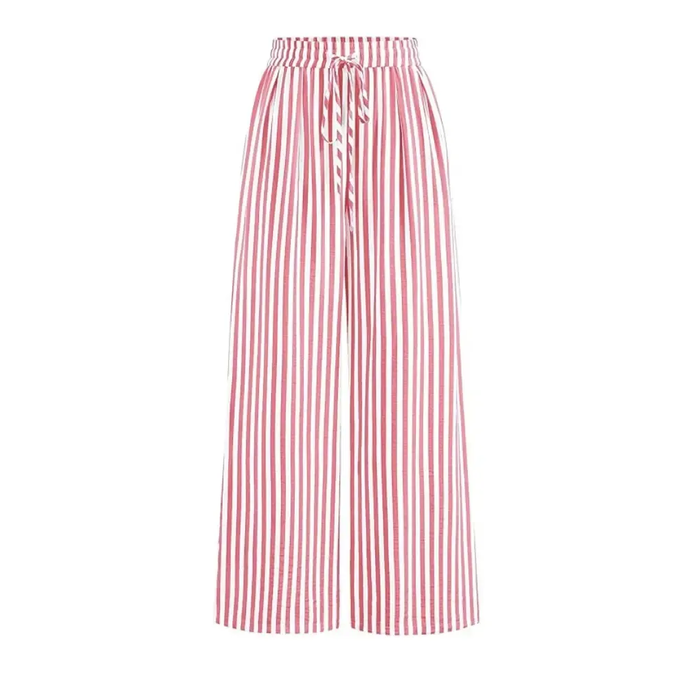 Women's Pants Elastic Waist Striped Lightweight Palazzo Trousers With Pockets Casual Lounge Wide Leg Bottoms