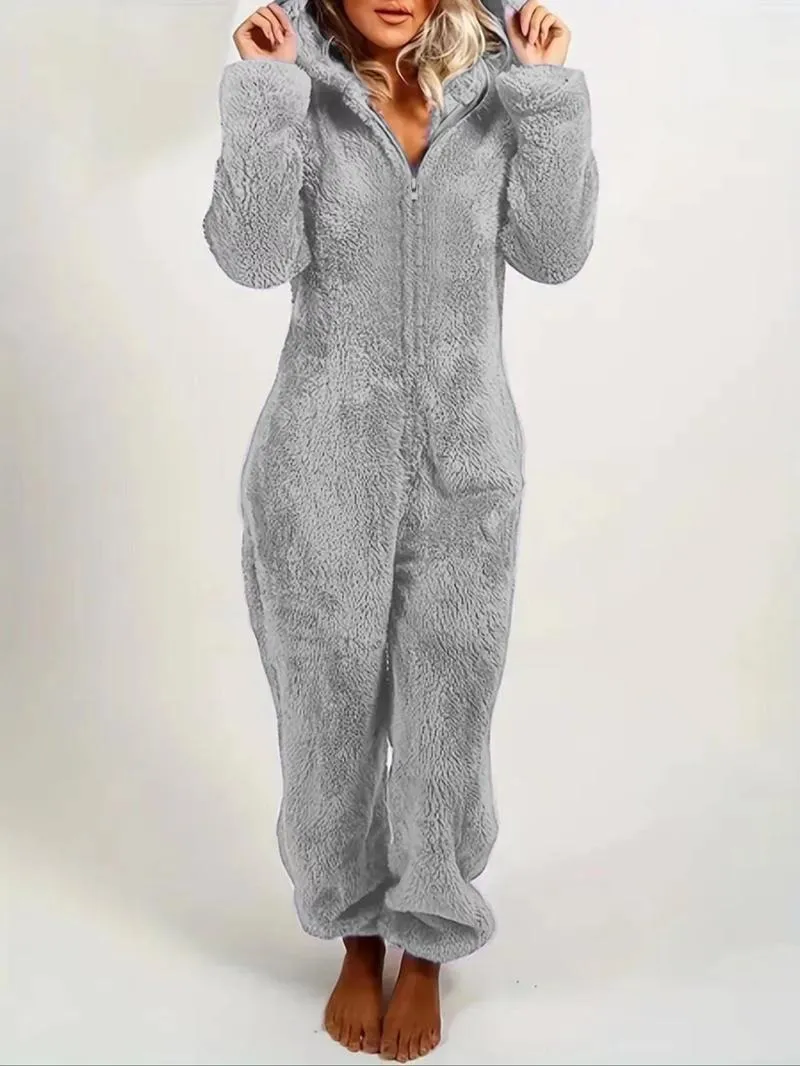 Women's Solid Zipper Hooded Plush Pajama Jumpsuit