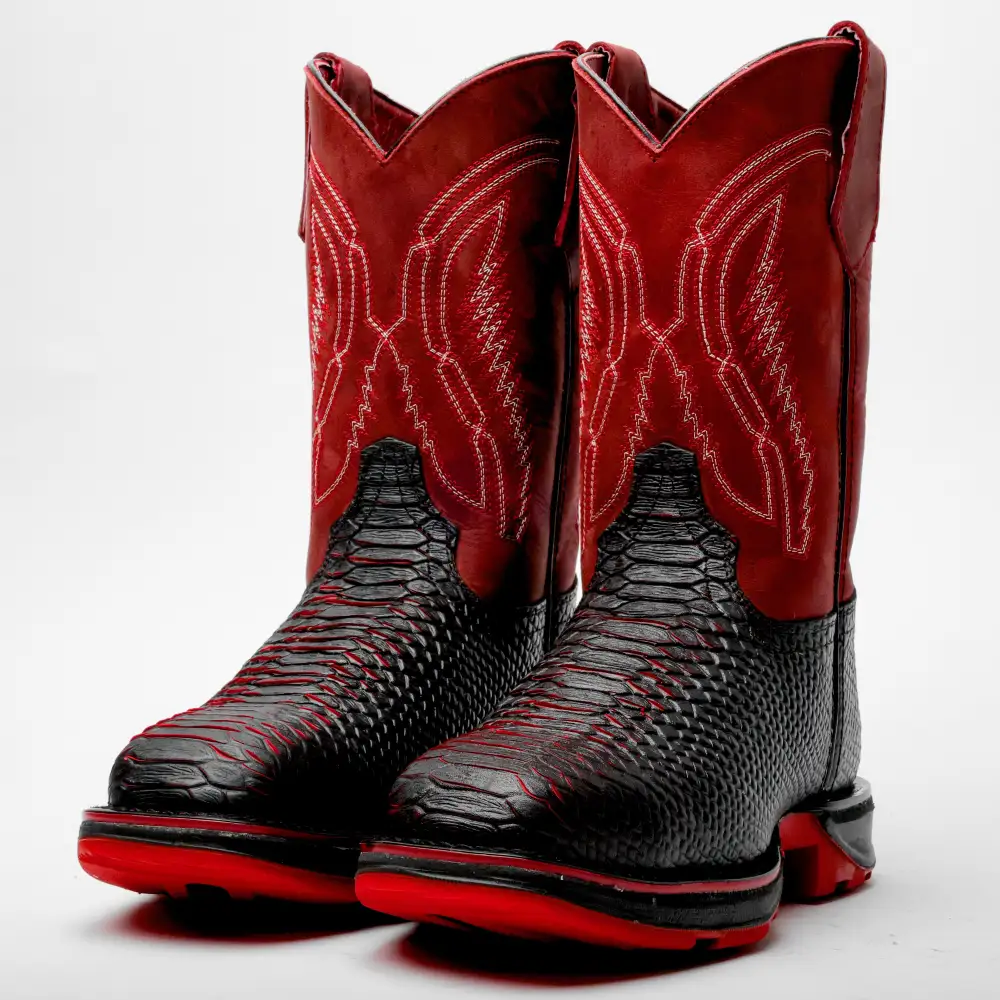 Black/Red Python Leather Boots With 3D Lightweight Sole - Composite Toe