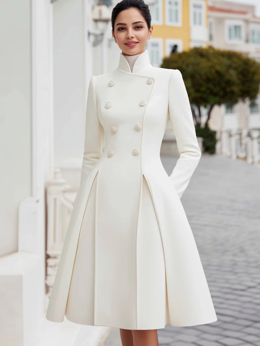 Elegant Double-Breasted Flared A-Line Coat Dress