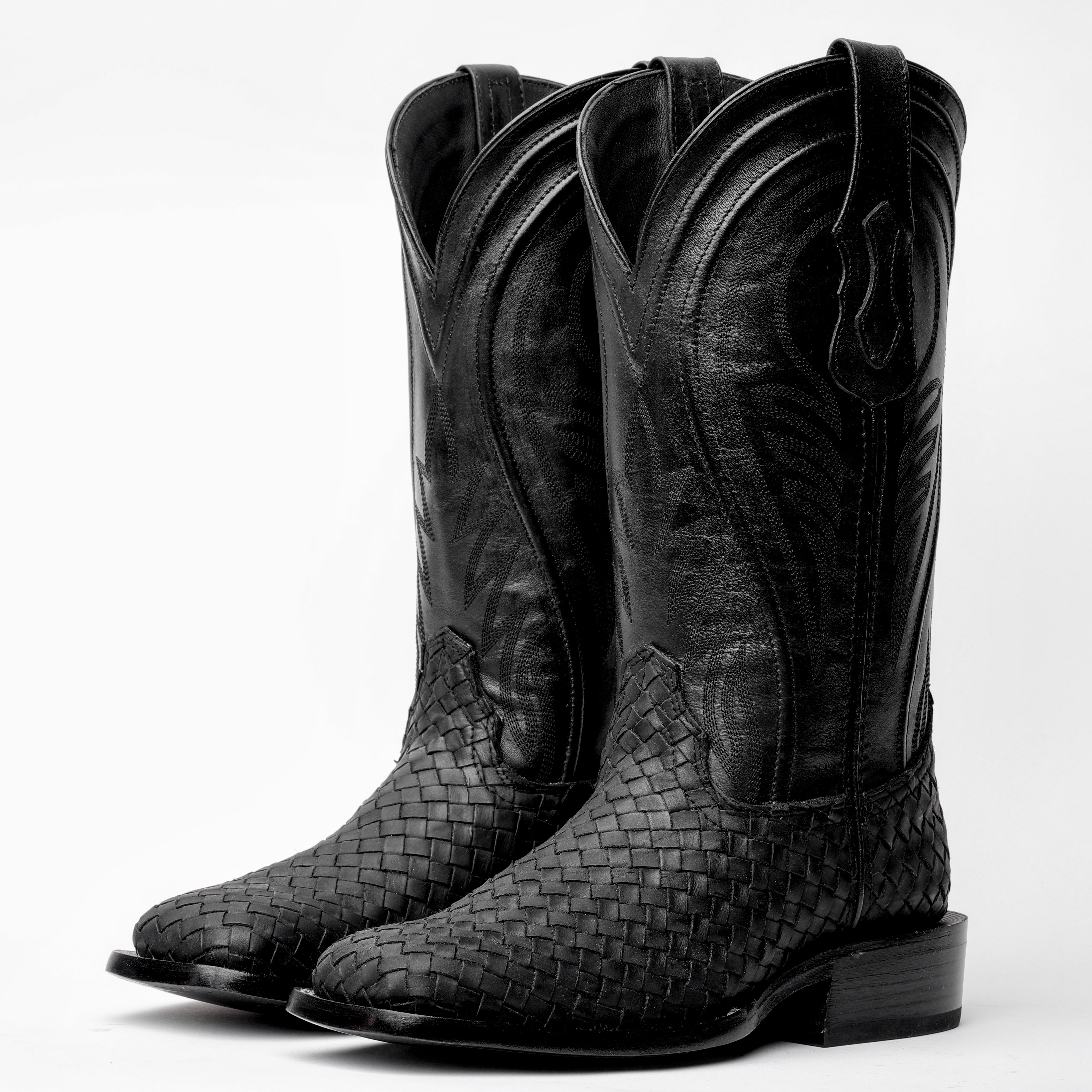 Total Black Basketweave Boots - Square Toe