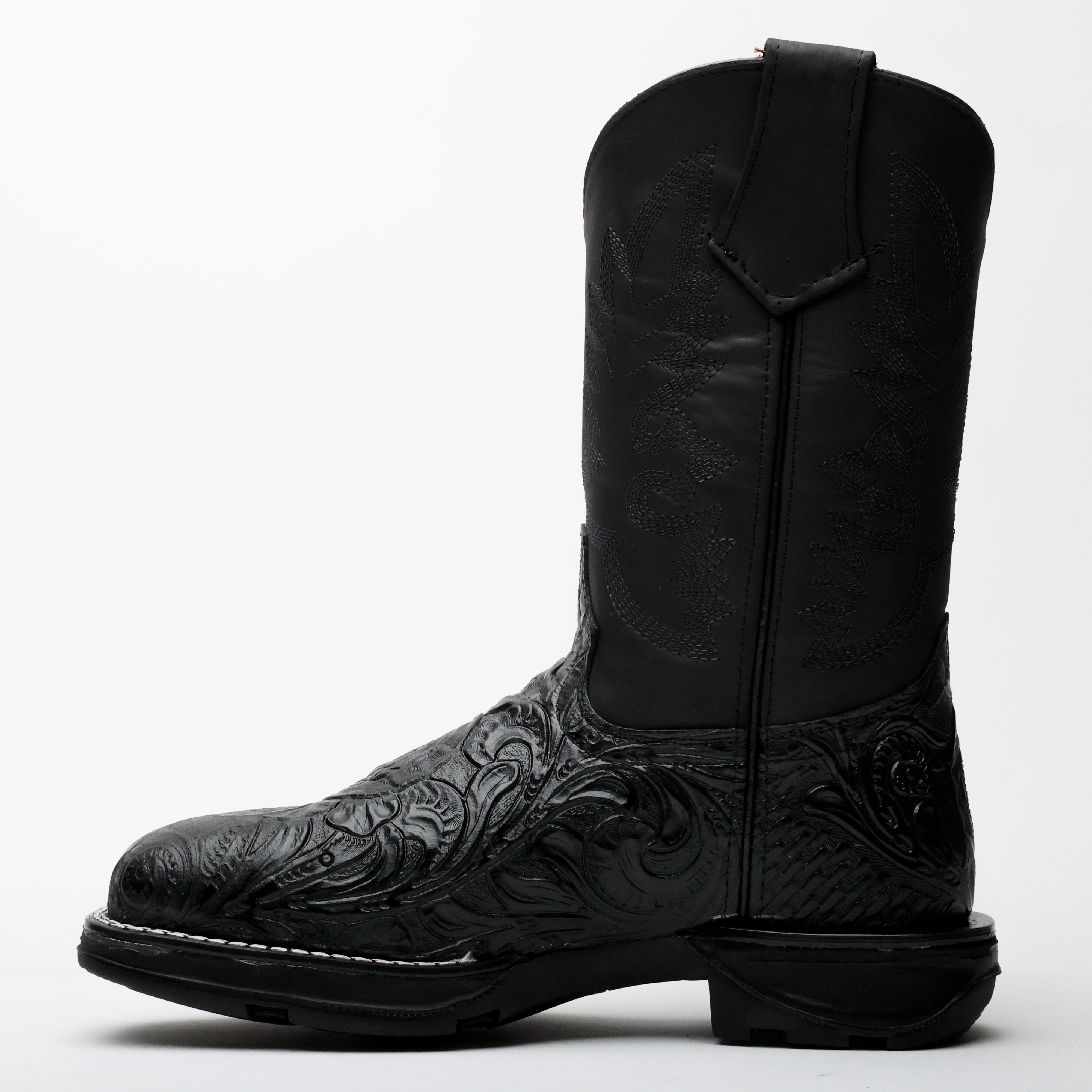 Black Hand-Tooled Leather Boots With 3D Lightweight Sole - Composite Toe