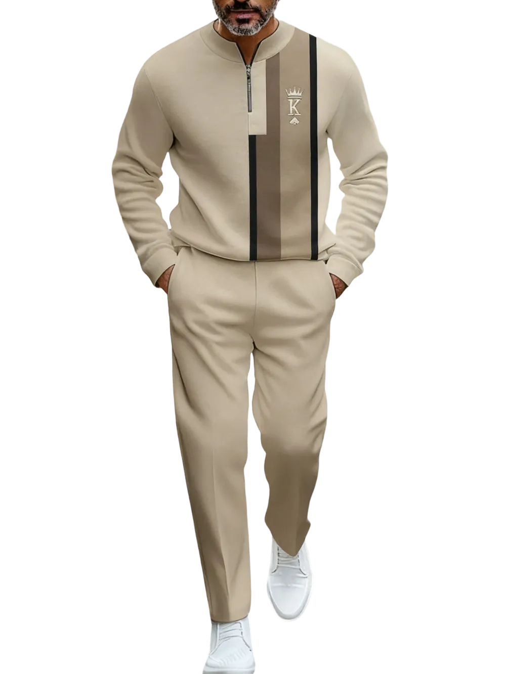 Men's Fashion New Retro Beige & Brown Block Semi-Cardigan Set