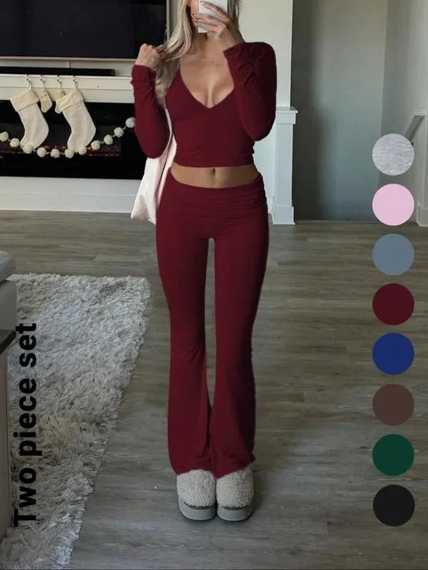 Slim-Fit Crop Top & Pants Two-Piece Set