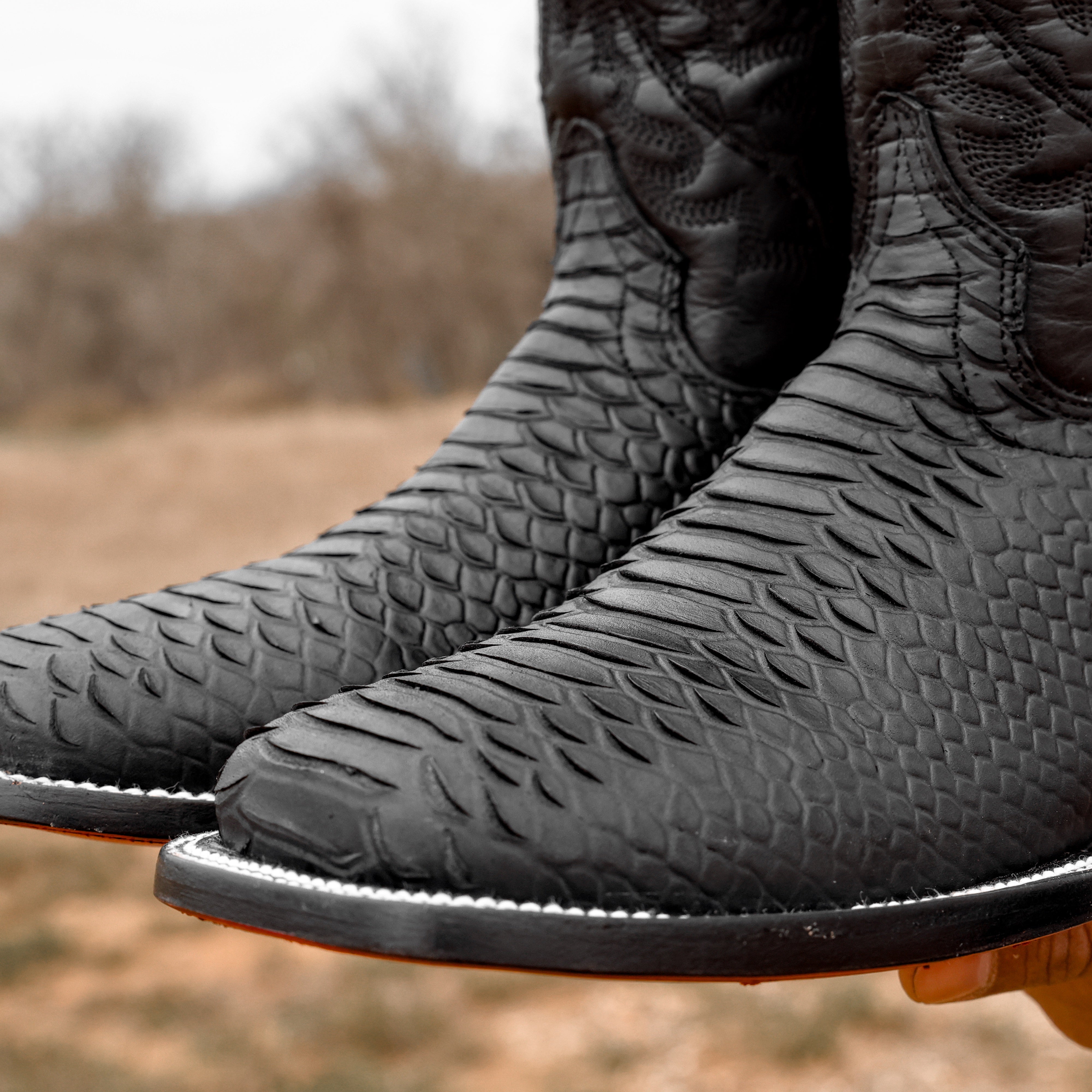 Matte Black Python Leather Boots - Square Toe