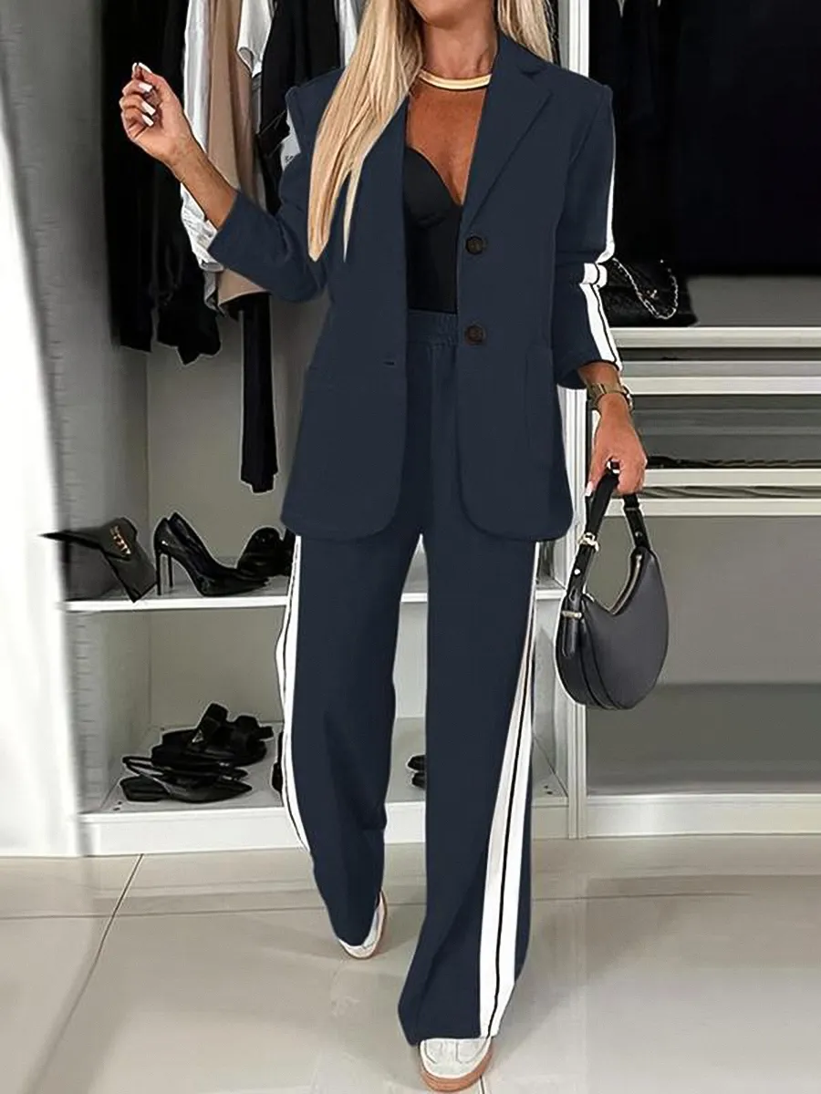 Women's Striped Print Blazer Jacket & Wide Leg Pants Set