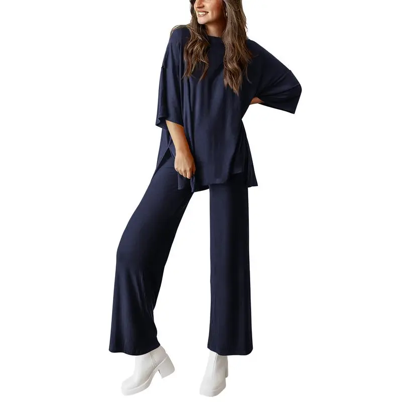 Women's 2-Piece Outfits Short Sleeve Pullover Tops Split Hem Wide Leg Pants Lounge Sets