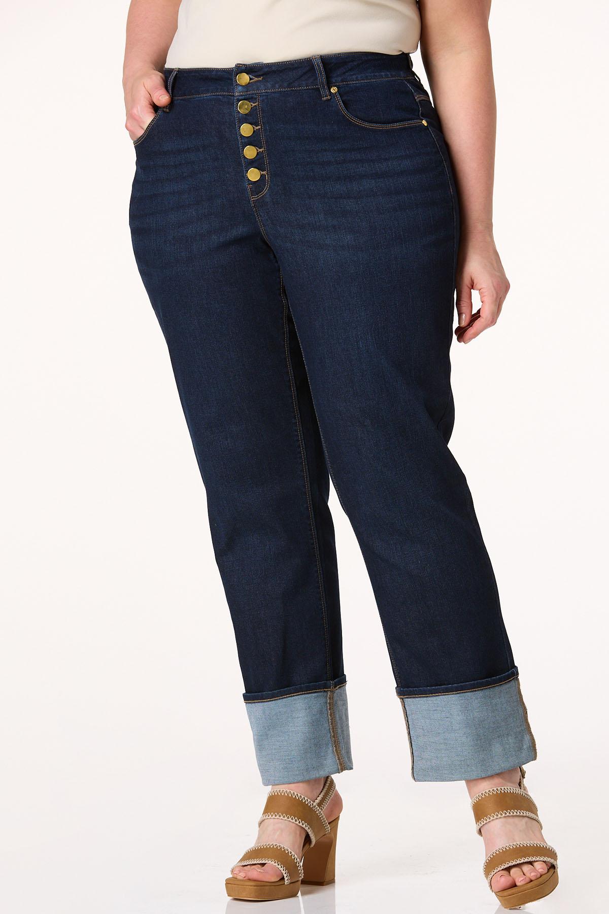 Plus Size Button Fly Cuffed Hem Jeans
