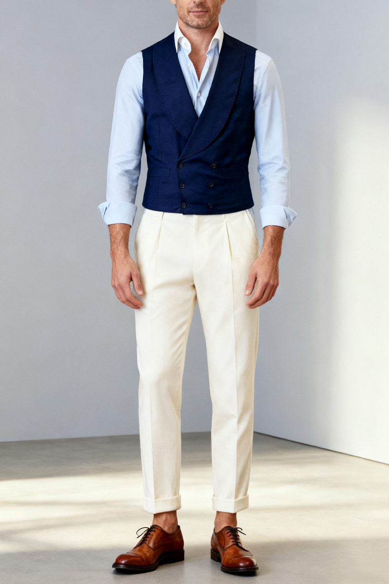 Men's Navy Blue British Retro Double-breasted Suit Vest