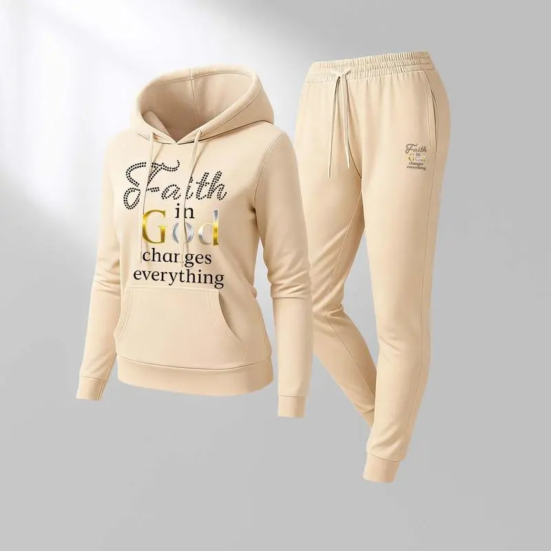 Women'S God Letter Print Hoodie And Drawstring Track Pants Set