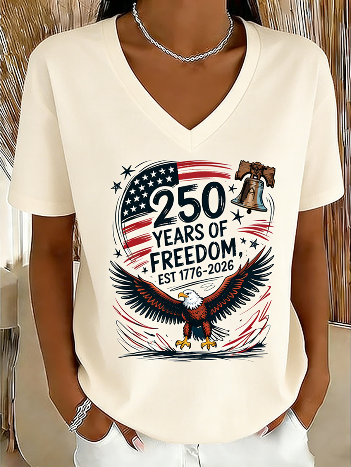 Letter Pattern V Neck Regular Fit Elegant T-Shirt