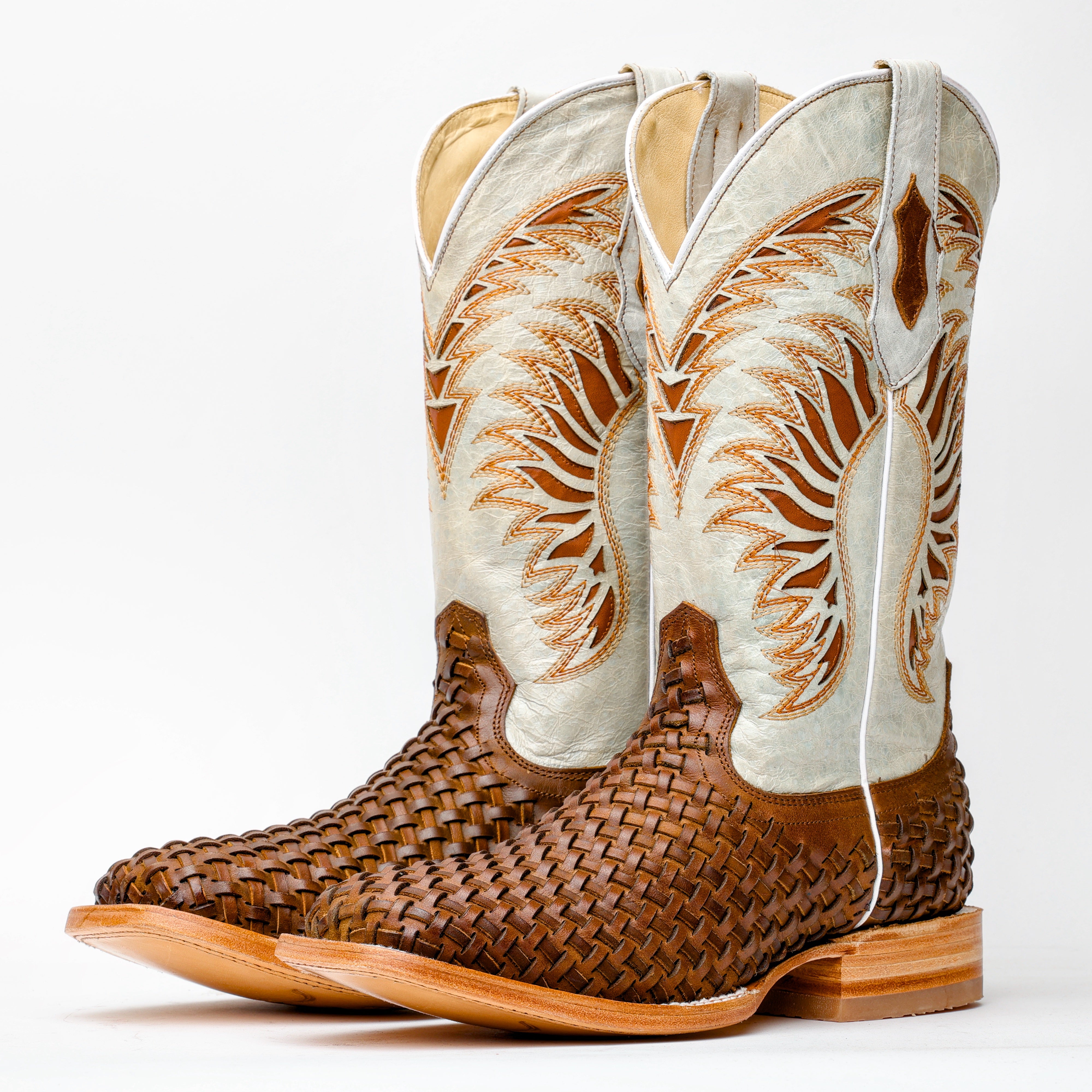 Tan Basketweave Leather Boots - Square Toe