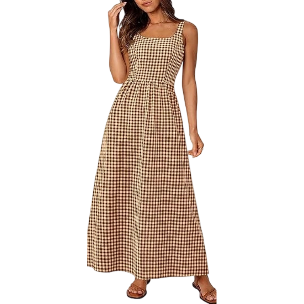 Women's Plaid Square Neck Maxi Dress, Spaghetti Strap A-Line Casual Beach Sundress