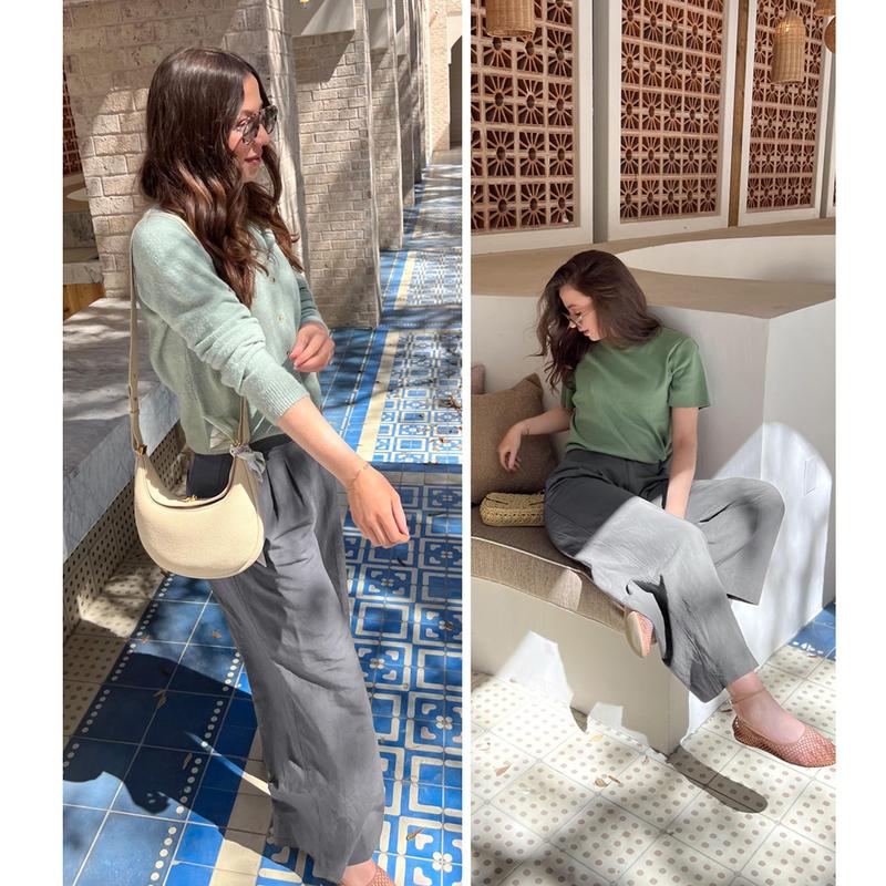 Womens Cotton Linen Pants Casual Button Up High Waisted Wide Leg Trousers Wideleg Loose Womenswear Apricot