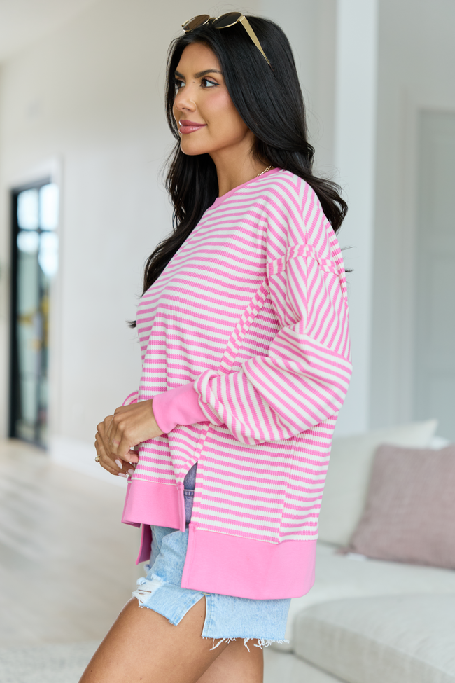 Kara Pink And White Stripe Waffle Pullover