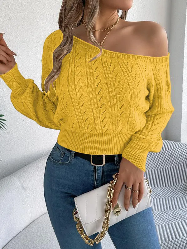 Women's Plain Textured Hollow Out Asymmetrical Neck Sweater