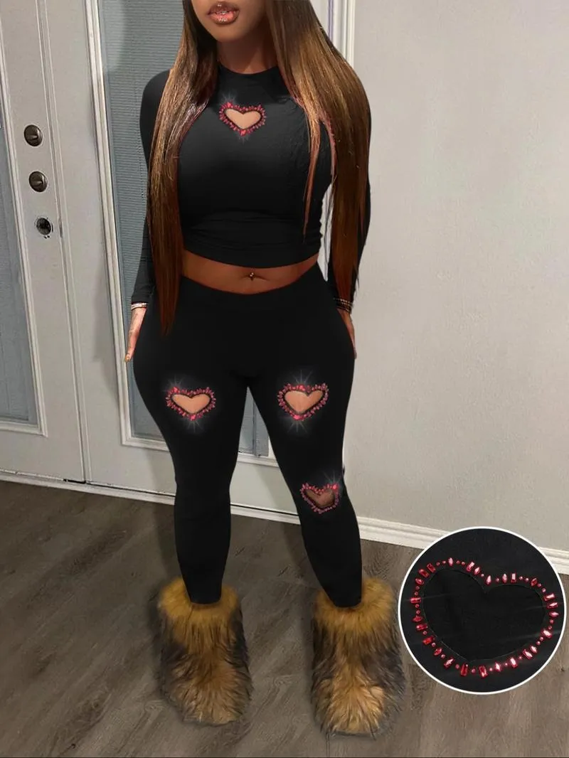 Two-Piece Set Women's Rhinestone Heart Decor Cut Out Crop Top & Skinny Pants Set