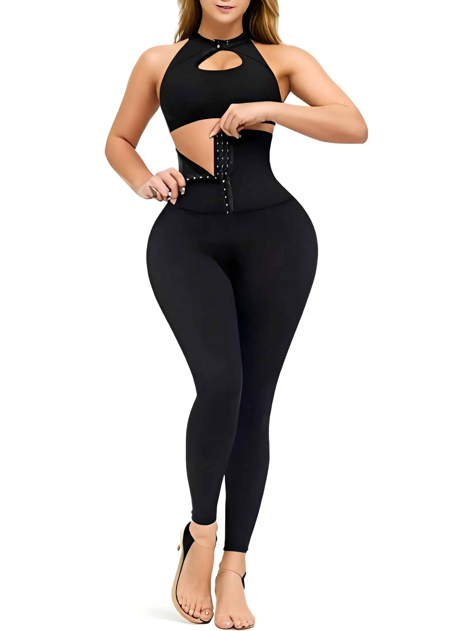 Women's fitness pants with a corset, buttons to flatten the stomach