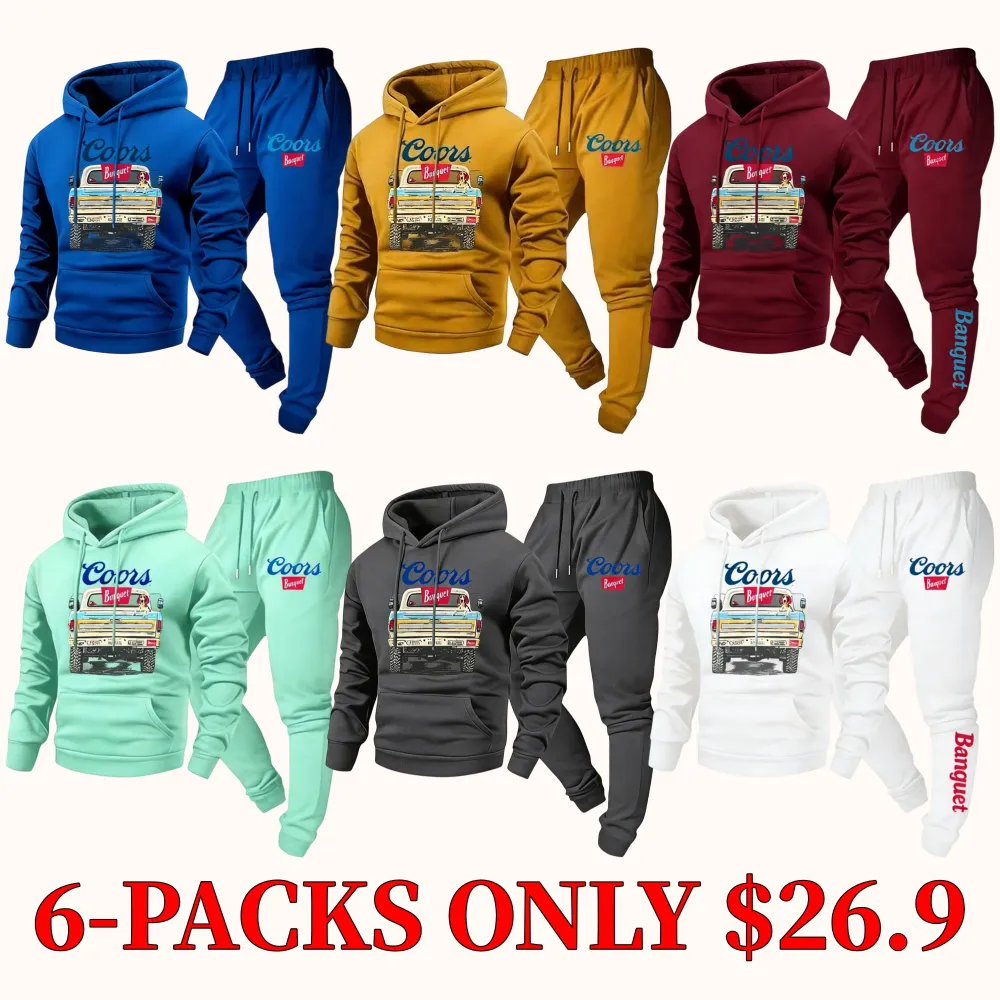 Retro-print hooded sweatshirt and sweatpants set