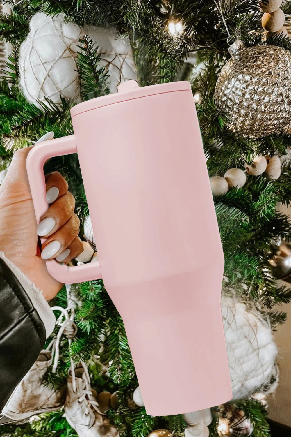 Light Pink Frosted Stainless Handle Large Vacuum Cup with Straw 40oz