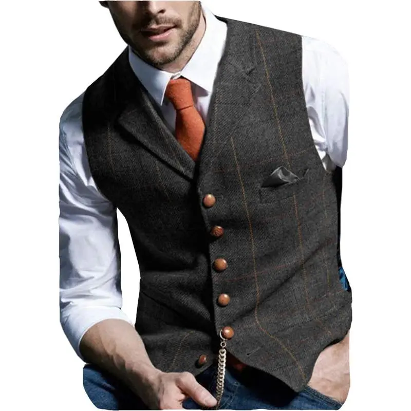 Men's Retro Tweed Vest Herringbone Wool-Polyester Blend Classic Formal & Casual Sleeveless Waistcoat Dress Fabric