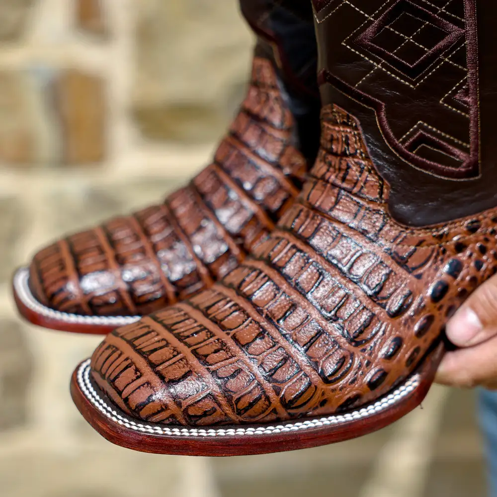 Brown Caiman Hornback Leather Boots - Square Toe