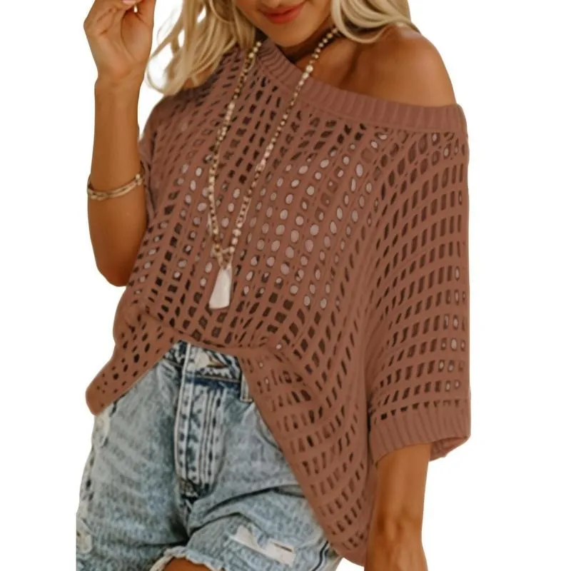 Womens Summer Scoop Neck Short Sleeve Sweater Casual Crochet Hollow Out Knit Tops
