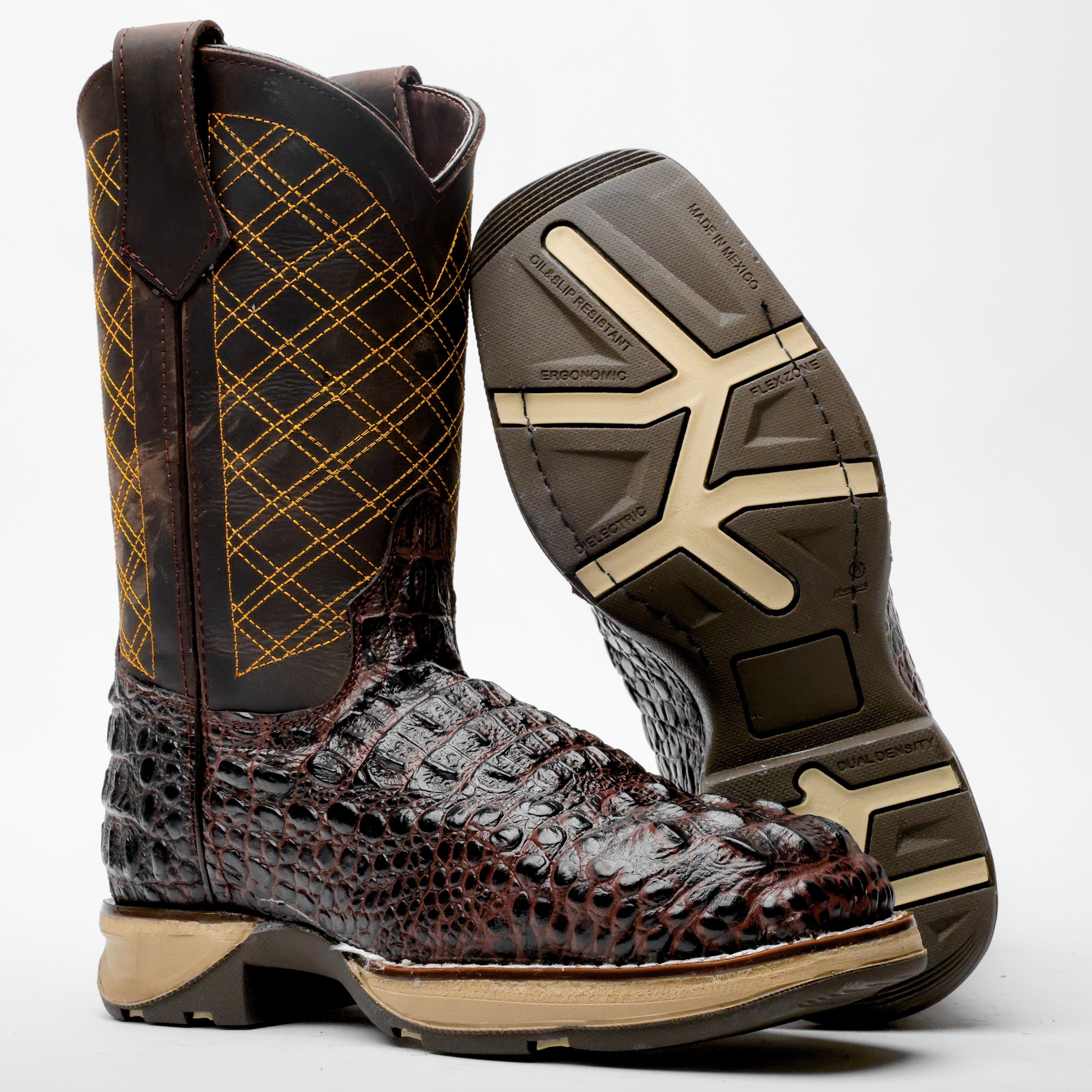 Brown Caiman Neck Leather Boots With 3D Lightweight Sole - Composite Toe