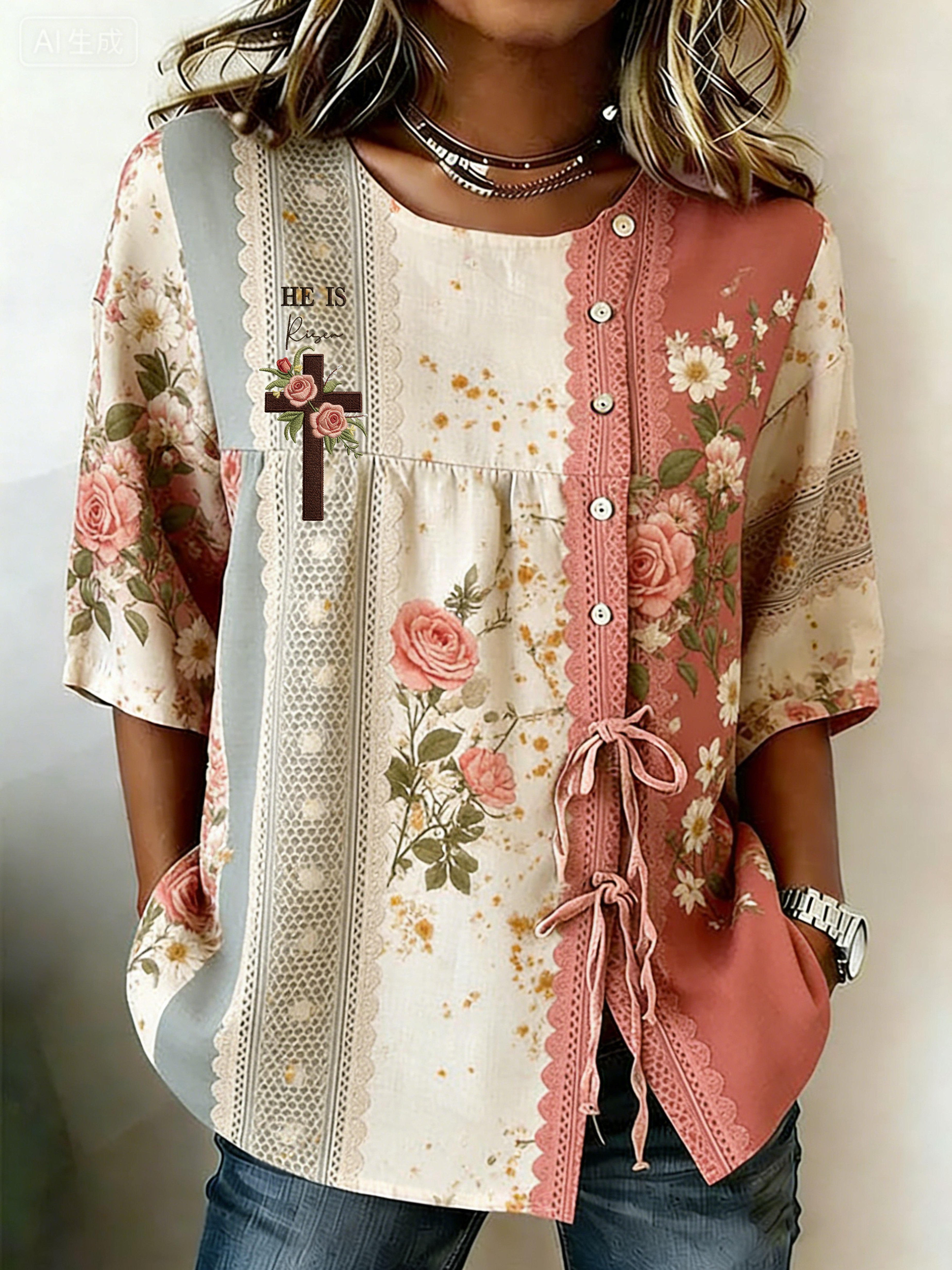 Women's Retro Faith Floral Print Top
