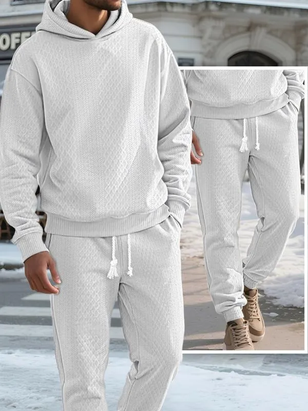 Two-piece men's solid color hooded sweatshirt and drawstring pants set