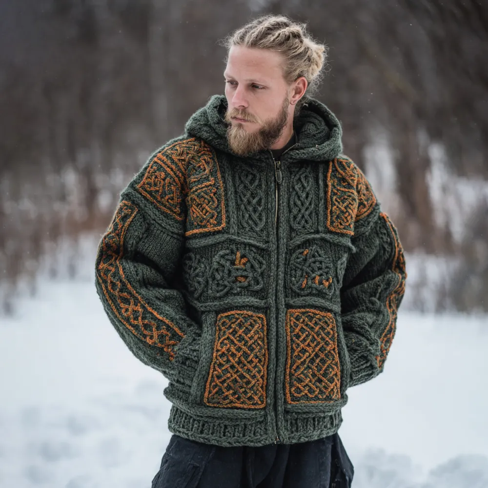 Men's Vintage Viking Celtic Knot Art Zip Up Knit Hooded Sweater
